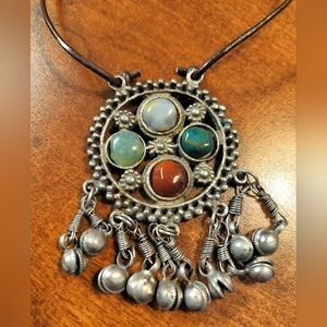 Vintage Tibetan Necklace – Multi-Stone Pendant with Ornamental Bells
